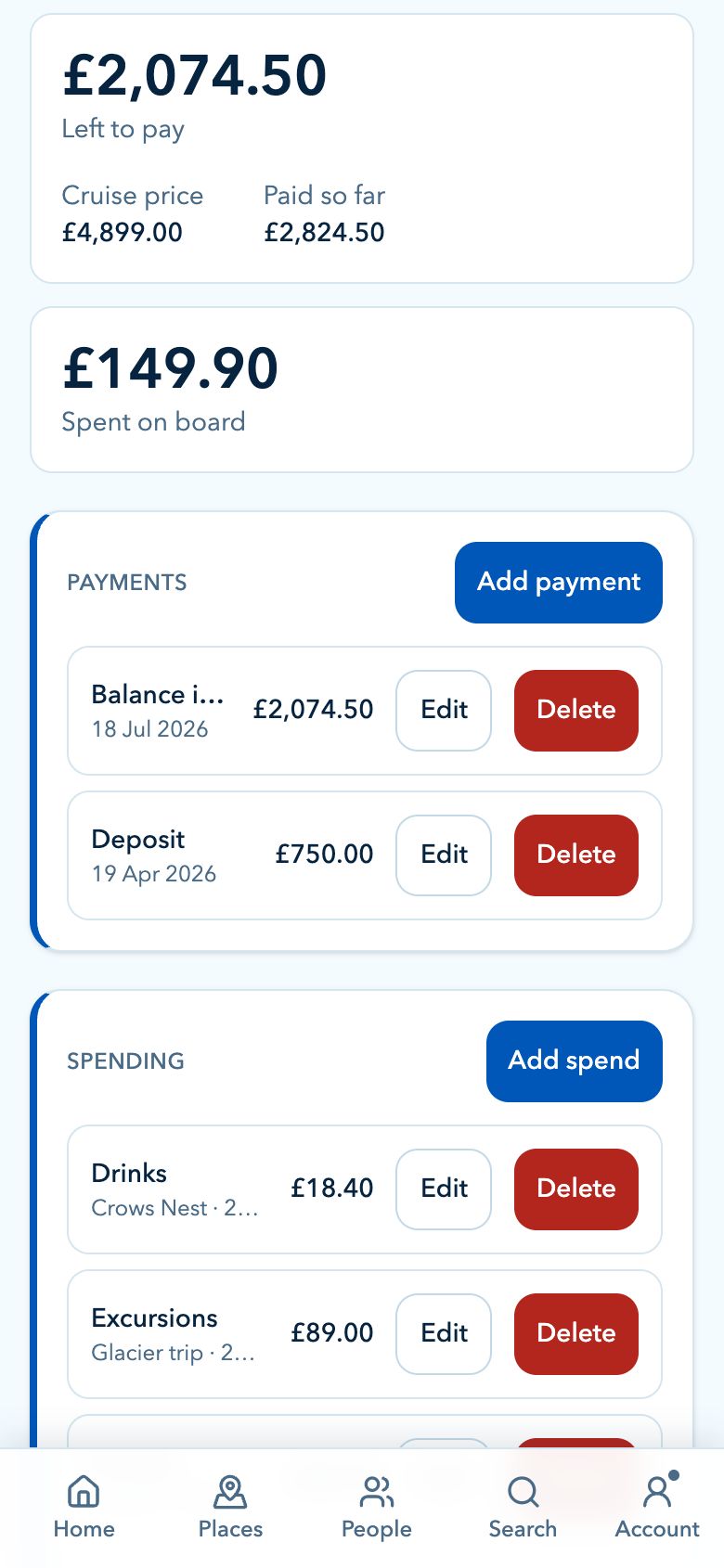 CruiseBuddy money section showing the balance left to pay, the amount paid and the payments made