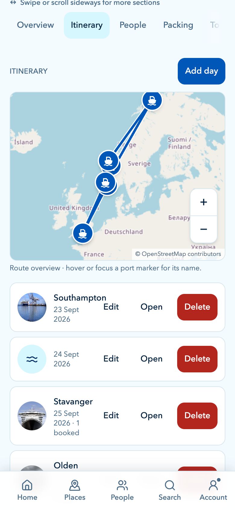 CruiseBuddy itinerary with a route map of a Norwegian cruise and a list of port days