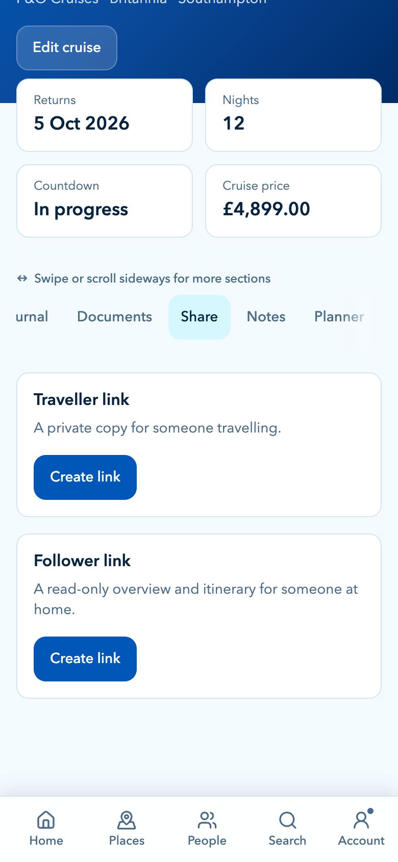 CruiseBuddy sharing section offering a traveller link and a follower link